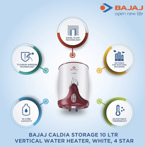 Bajaj Caldia Storage 10 Litre Vertical Water Heater (White) - Image 2